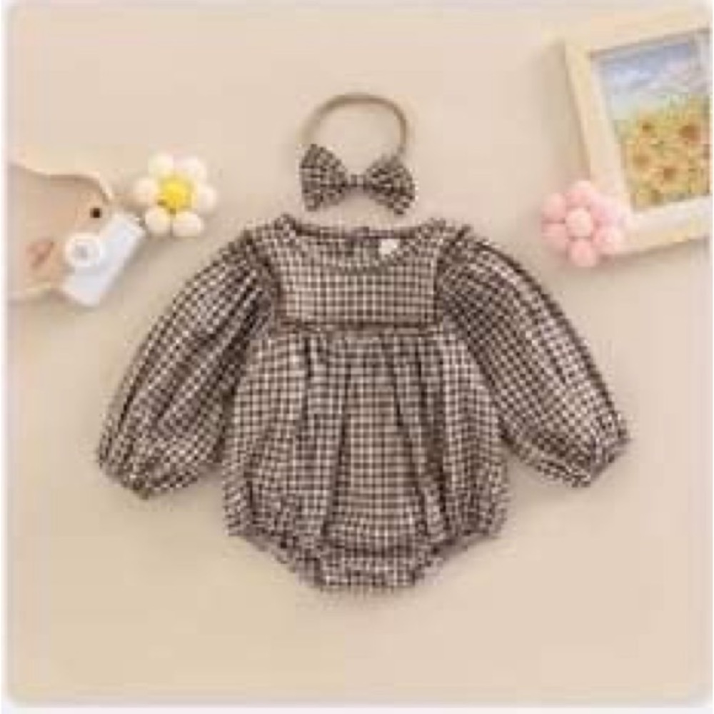 NWT Baby Girl’s Brown Gingham Bubble and Matching Headband